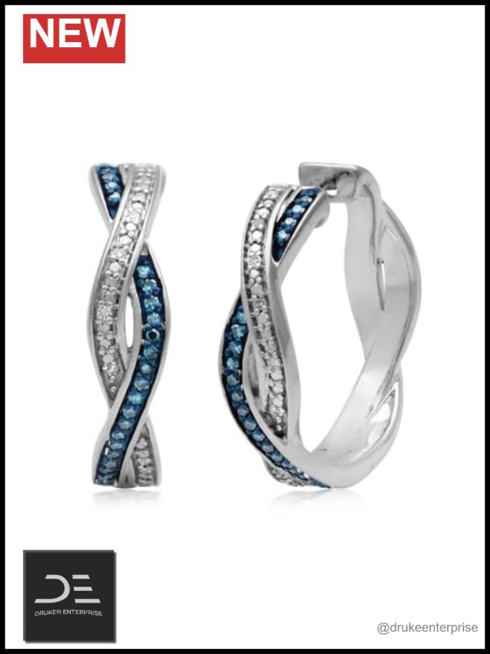 925 Sterling Silver Twisted Hoop Earrings 1/6 CTW Diamond Pave Hinge Notch